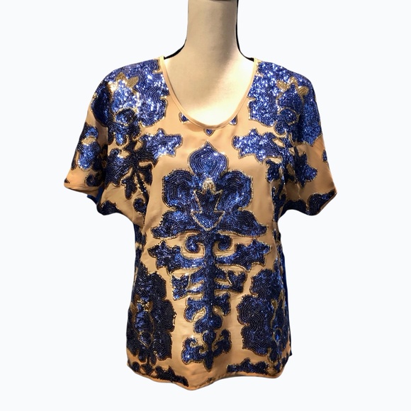 TRACY REESE NEIMAN MARCUS FOR TARGET BEIGE & ROYAL BLUE SEQUIN TOP - Picture 10 of 16